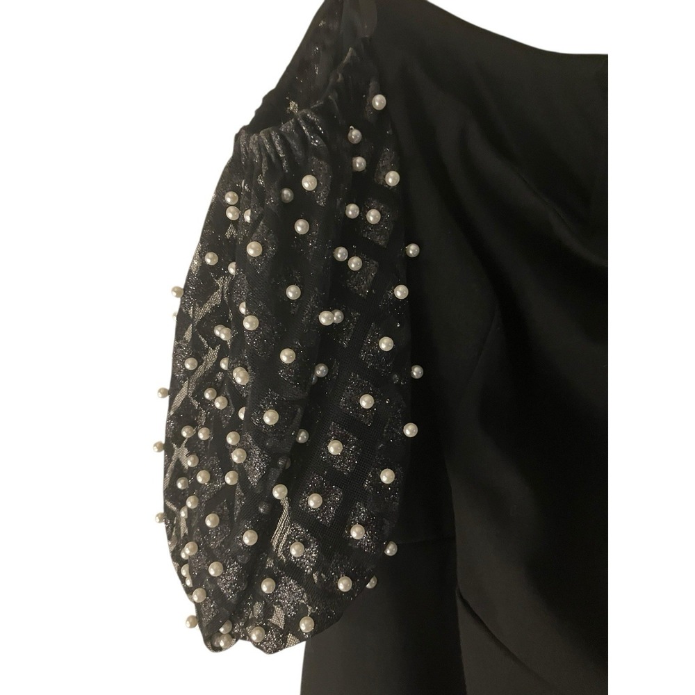 Black Cocktail Prom Party Guest Dress Puff Faux Pearl Sleeves Side Slit Size 16 - Picture 6 of 7